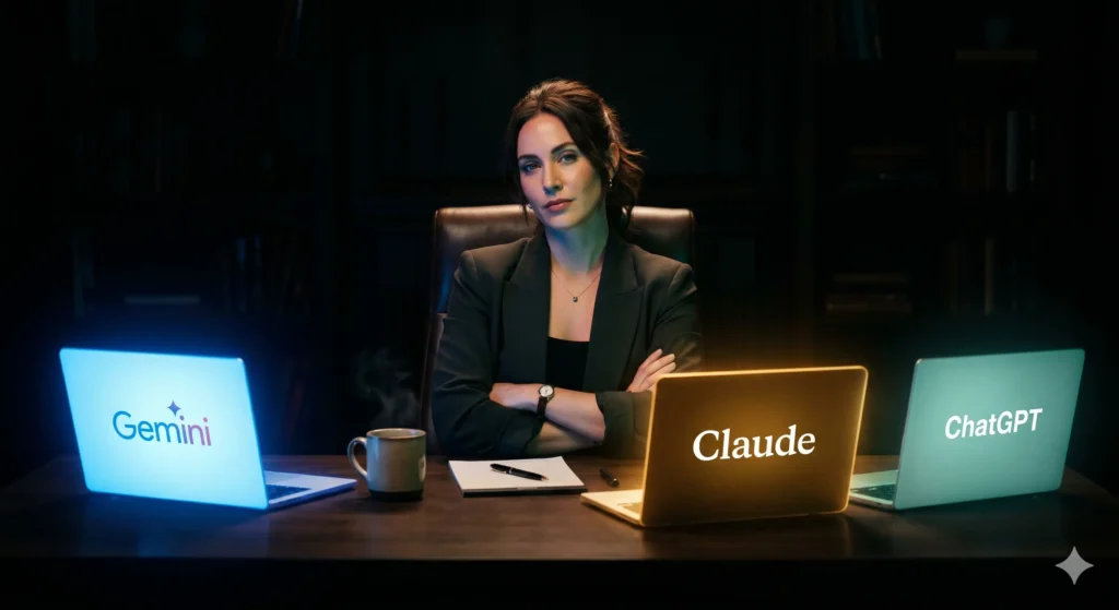 A person sitting at a desk with three glowing laptops — blue, amber, and teal — arms crossed with a judge-like expression, evaluating ChatGPT, Gemini, and Claude side by side in 2026.