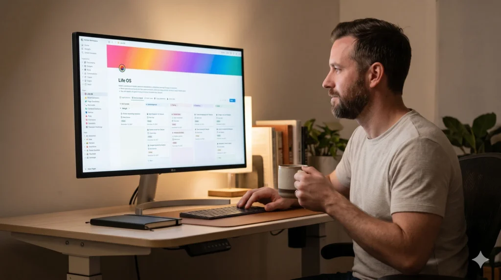 A solopreneur reviewing a Notion AI project dashboard on a large monitor, looking calm and organized in a minimal home office.