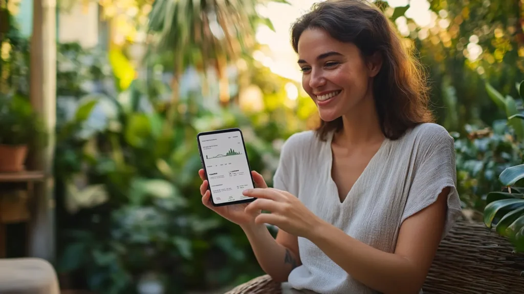 A woman at an outdoor café checks her earnings dashboard on her phone with a relaxed smile — the quiet payoff of building AI-powered passive income streams.
