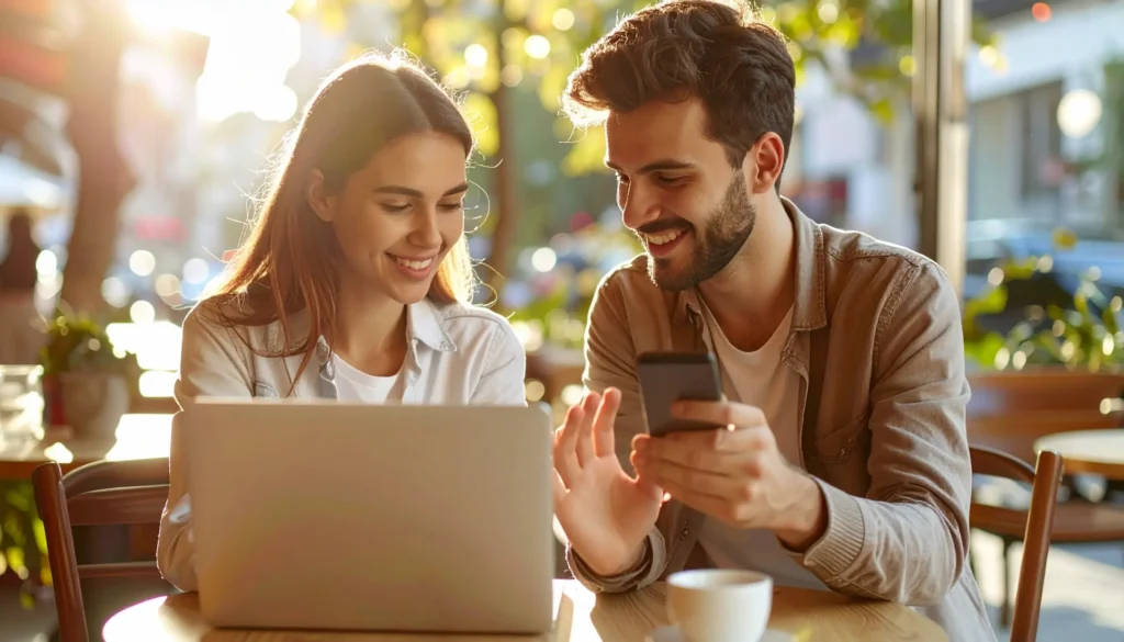Two people at a café, one reviewing a remote job listing hopefully and the other smiling at a new contract notification — starting remote work from zero.