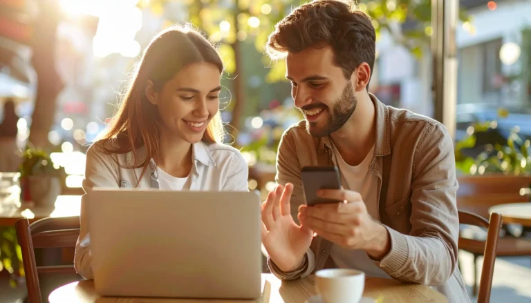 Two people at a café, one reviewing a remote job listing hopefully and the other smiling at a new contract notification — starting remote work from zero.