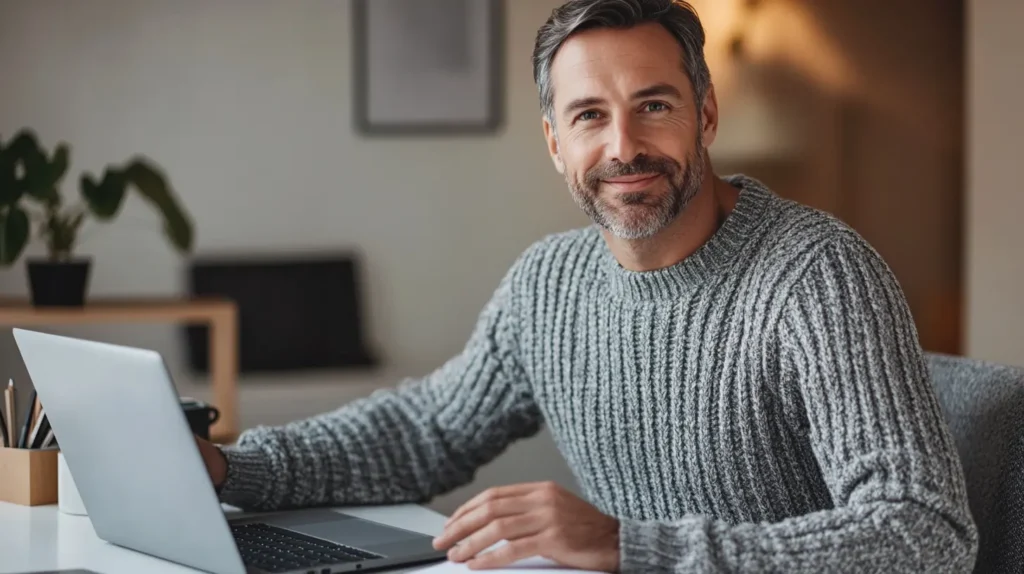 A man in his 50s working independently at a home desk, looking at the camera with quiet confidence — the calm that comes after the employee-to-solopreneur leap.
