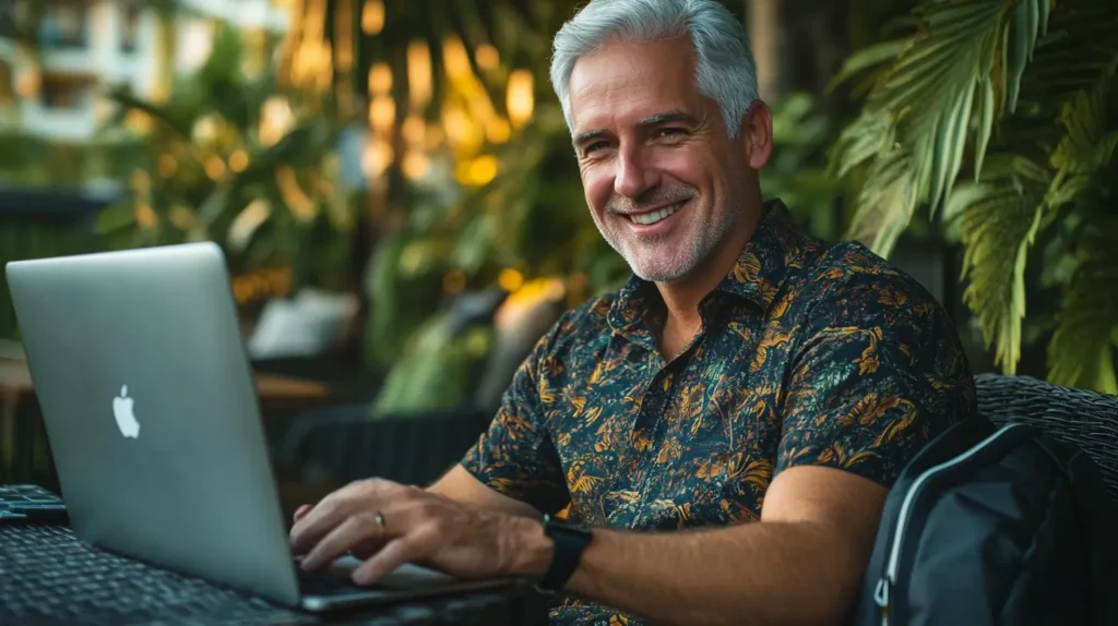 A confident man in his 50s smiling at a laptop on a sunny outdoor terrace — living the digital nomad lifestyle later in life.