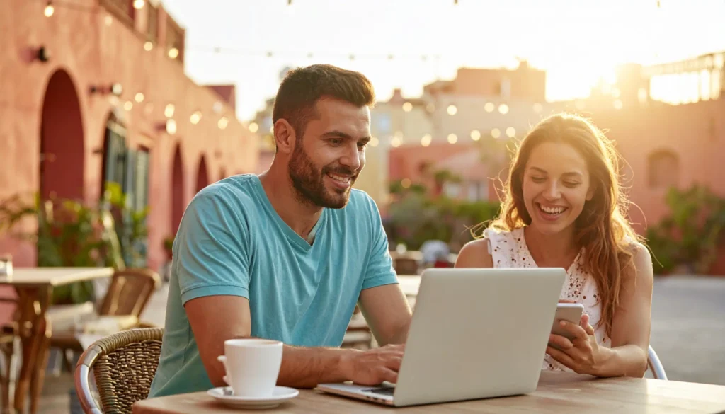Two remote workers at a sunlit Mediterranean café — one relaxed and productive, the other planning their next move — the everyday reality of working from the best countries for digital nomads.
