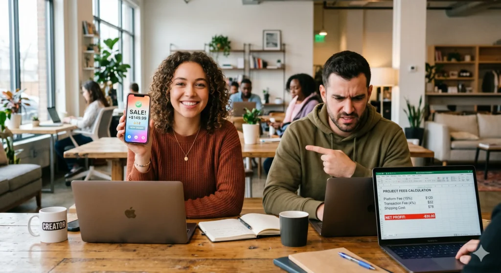  Two creators in a co-working space react to digital platform fee comparisons — one celebrating a sale, the other recalculating costs.