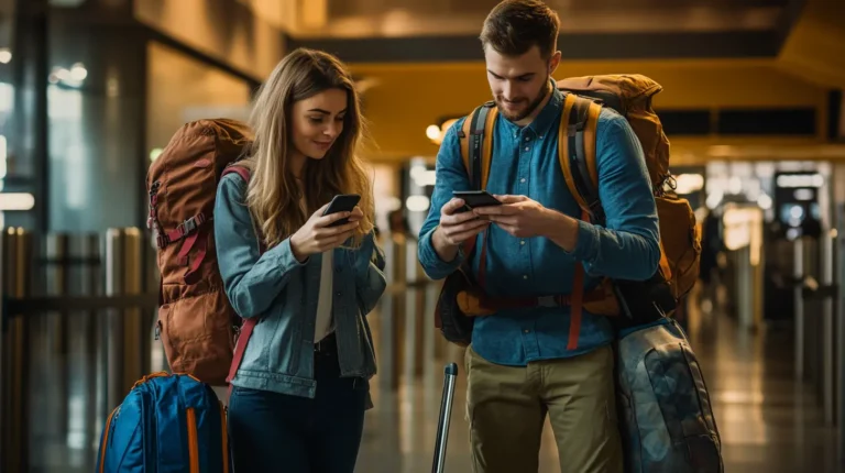 Two travelers at an airport gate — one packed light and ready, one overwhelmed — showing the difference a proper digital nomad starter kit makes.