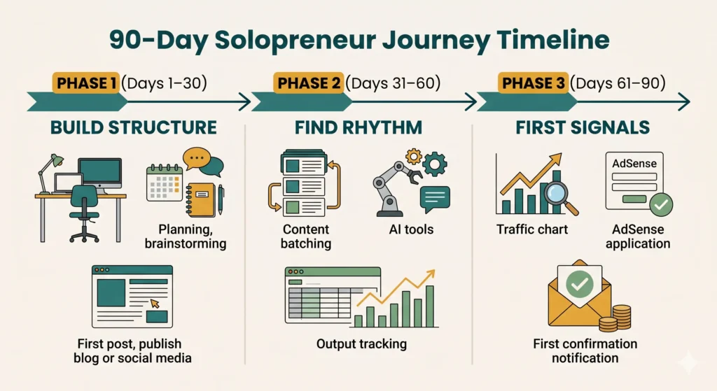 A three-phase 90-day solopreneur journey infographic showing milestones from building structure to finding rhythm to receiving first revenue signals.