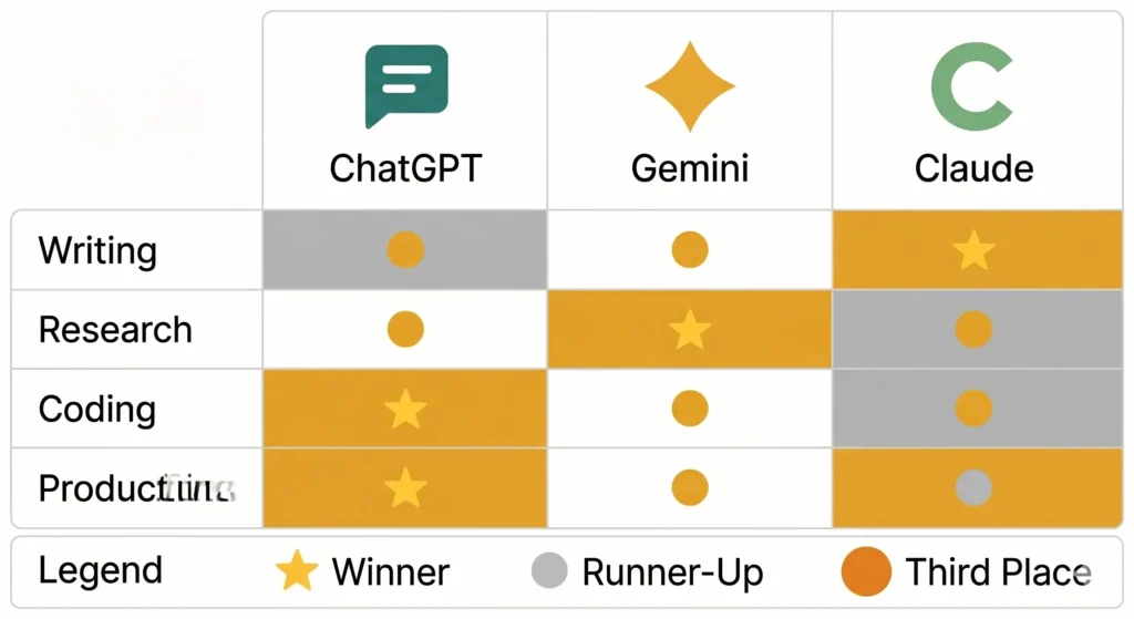 A comparison table showing ChatGPT vs Gemini vs Claude across five real-world test categories — writing, research, coding, creativity, and productivity.