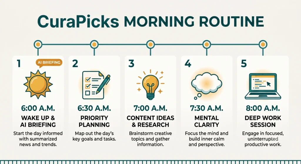 A five-step morning routine timeline from 6 a.m. to 8 a.m. showing how AI tools support each phase of a solopreneur's workday.