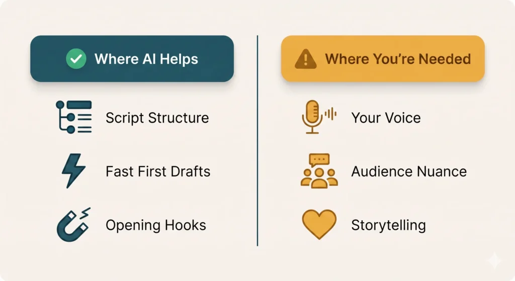 A two-column illustration showing where AI helps with YouTube scripts versus where the creator's own input is essential.