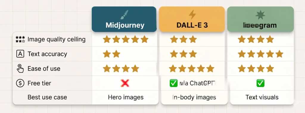 A comparison table of Midjourney, DALL-E 3, and Ideogram across image quality, text accuracy, ease of use, and price — finding the best AI image generator for your needs.
