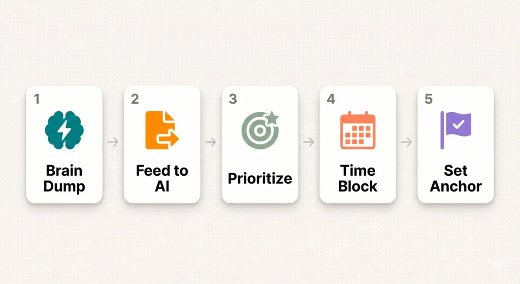 A five-step workflow illustration for AI-powered weekly planning — from brain dump to time blocking to setting your weekly anchor task.