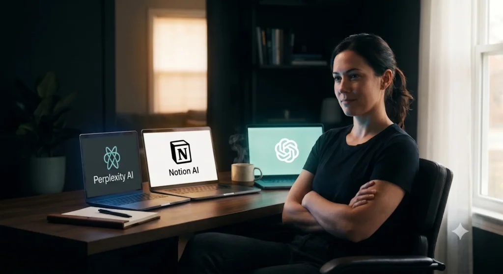 An illustration of a solopreneur at a morning desk setup with three AI tools — ChatGPT, Notion AI, and Perplexity AI — highlighted as key parts of the workflow.