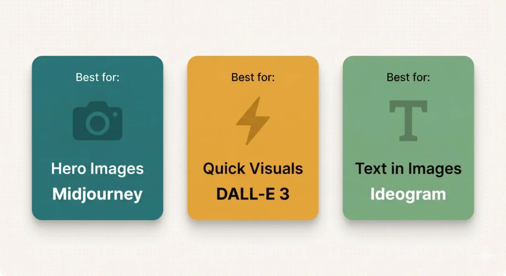 Three use case cards showing which AI image generator fits each need — Midjourney for hero images, DALL-E 3 for quick visuals, and Ideogram for text-in-image content.