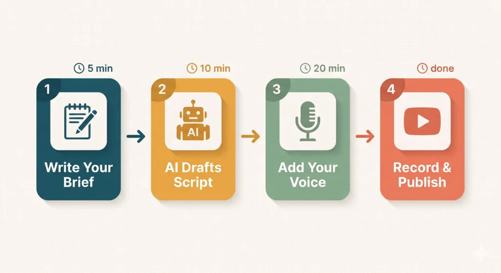 A four-step workflow illustration for AI-assisted YouTube scripting — from writing your brief to recording and publishing.