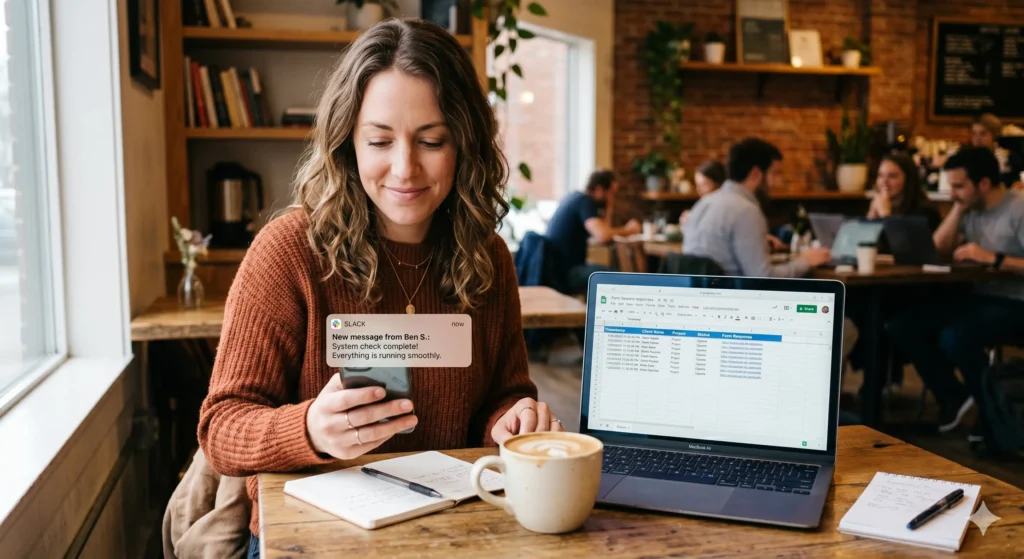 A remote worker at a café checking a Slack notification on their phone while a Google Sheets response log is open on their laptop.