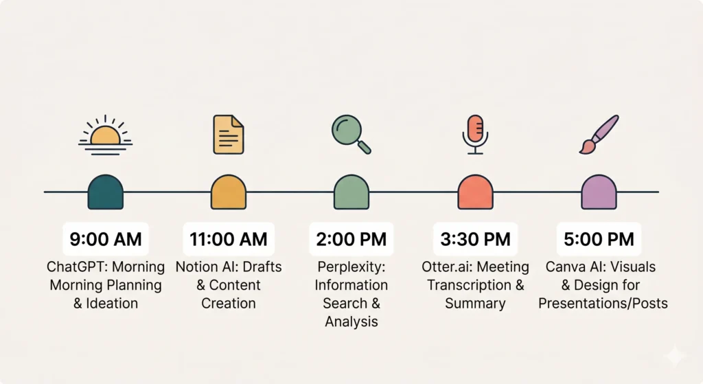 A daily workflow timeline showing when to use each AI productivity tool — from morning planning with ChatGPT to end-of-day visuals with Canva AI.