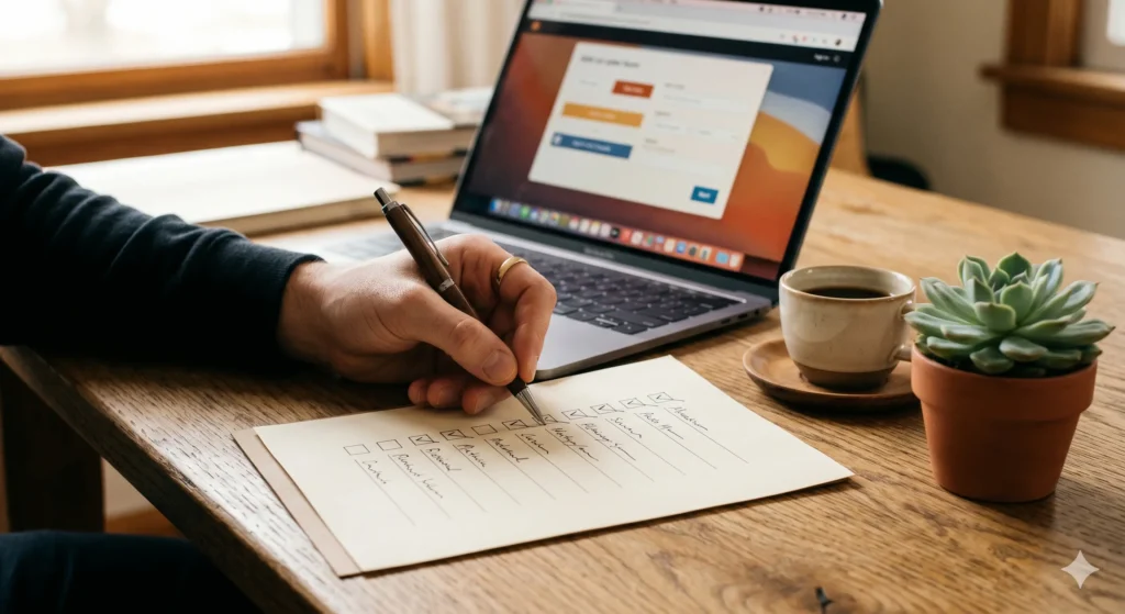 A person checking off an AdSense approval checklist before submitting their application — preparation is the difference between approval and rejection.