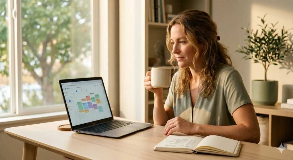 A person relaxed at a minimal desk on Monday morning with a color-coded weekly calendar on screen — the calm confidence of starting the week with an AI-powered plan.