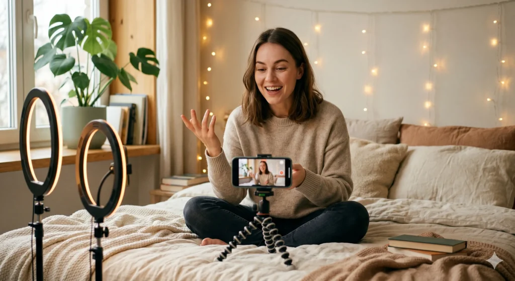 A young woman recording a YouTube video on her smartphone in her bedroom — proof that starting a YouTube channel with no budget is completely possible.