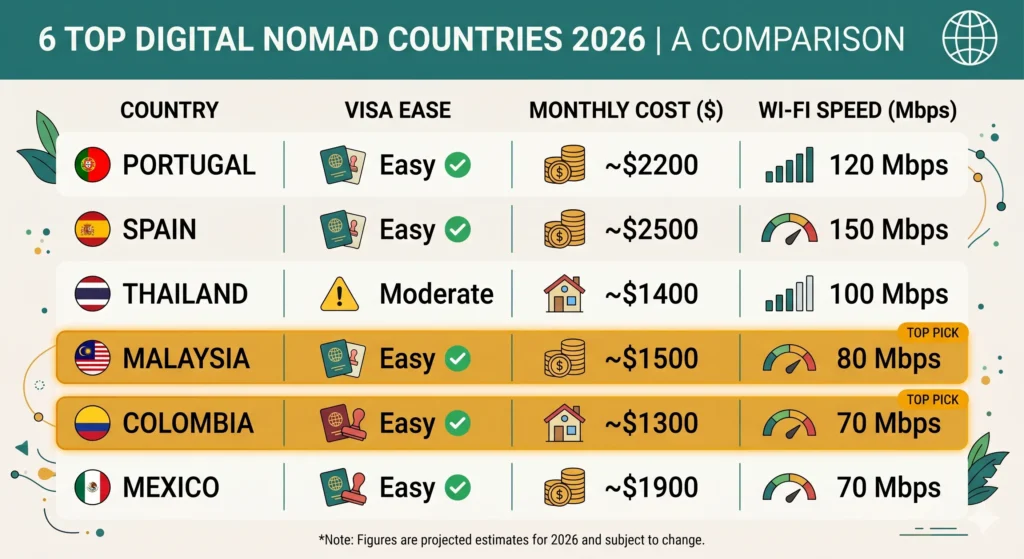 A six-country comparison table for digital nomads showing visa ease, monthly cost, and Wi-Fi speed for Portugal, Spain, Thailand, Malaysia, Colombia, and Mexico.