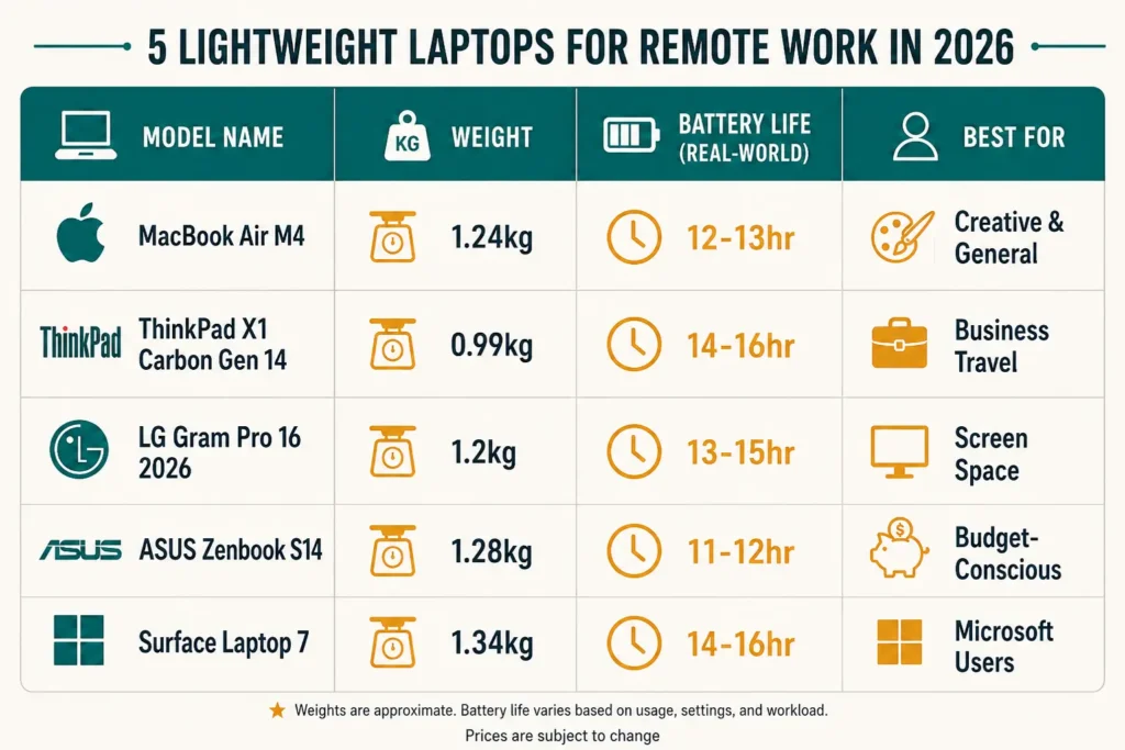 Comparison infographic of five best lightweight laptops for remote work in 2026, showing weight, real-world battery life, and ideal user type for each model.