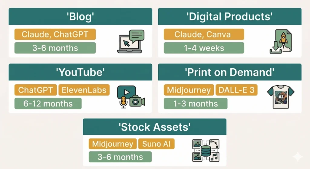 A five-stream infographic comparing AI-powered passive income options — blogging, digital products, YouTube, print-on-demand, and stock assets — with tools and time-to-income estimates.