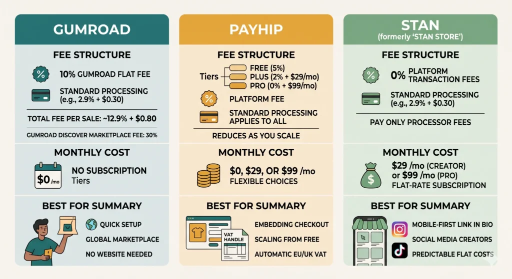 A three-column platform comparison infographic showing Gumroad, Payhip, and Stan Store fee structures and best-use cases side by side.