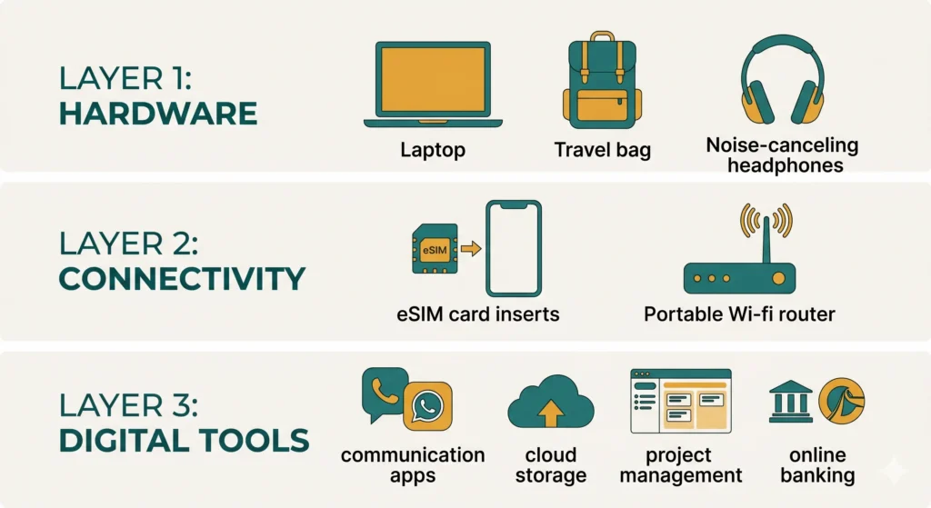 A three-layer infographic of a digital nomad starter kit — hardware, connectivity, and digital tools — shown with icons and labels in teal and amber.