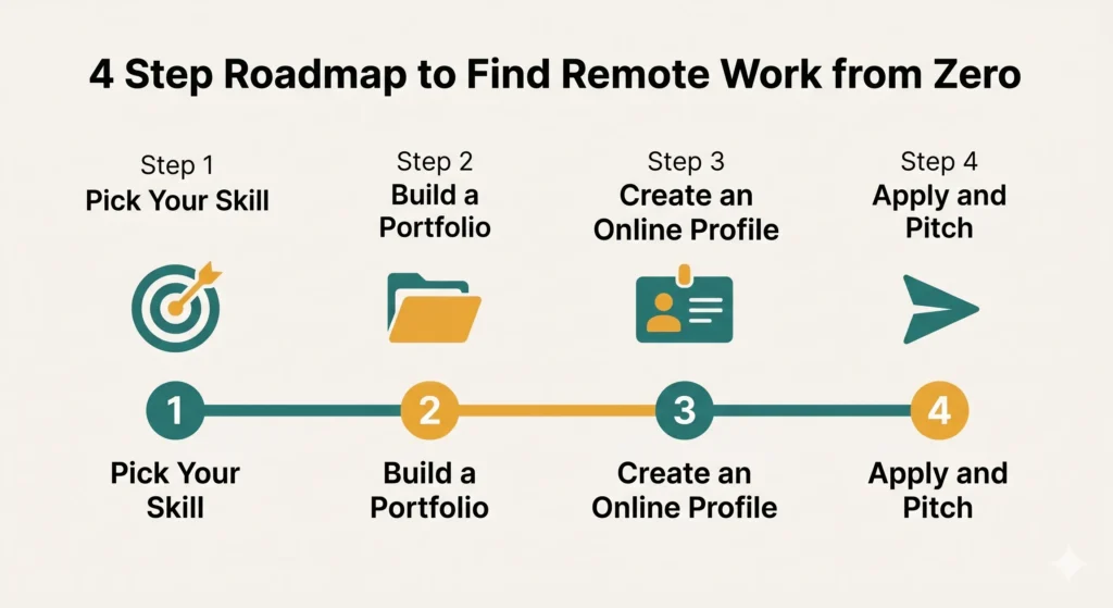 A four-step infographic roadmap to find remote work from zero — pick your skill, build a portfolio, create a profile, and apply.