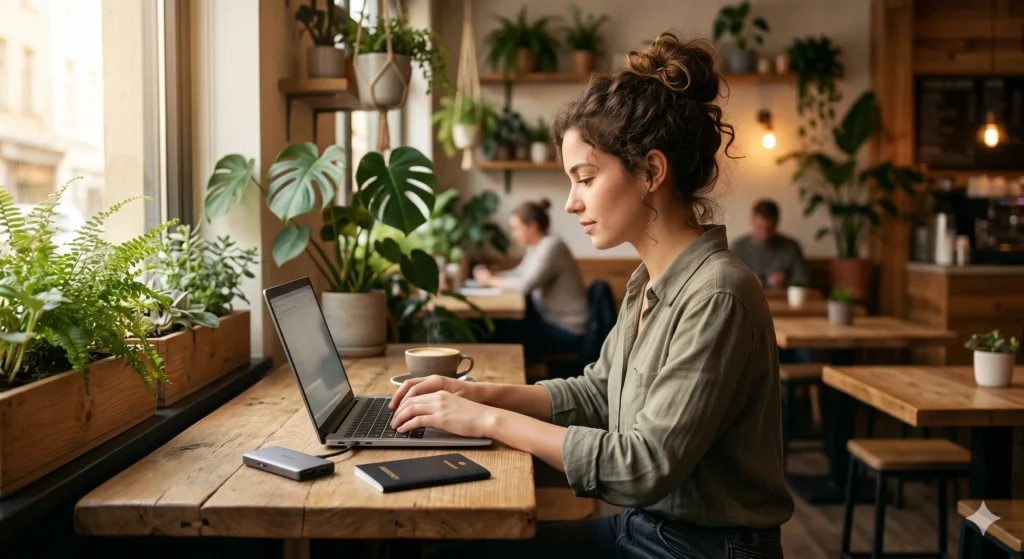 A digital nomad working on a lightweight laptop at a café table with a USB-C hub and passport nearby, representing the real-world remote work travel setup.