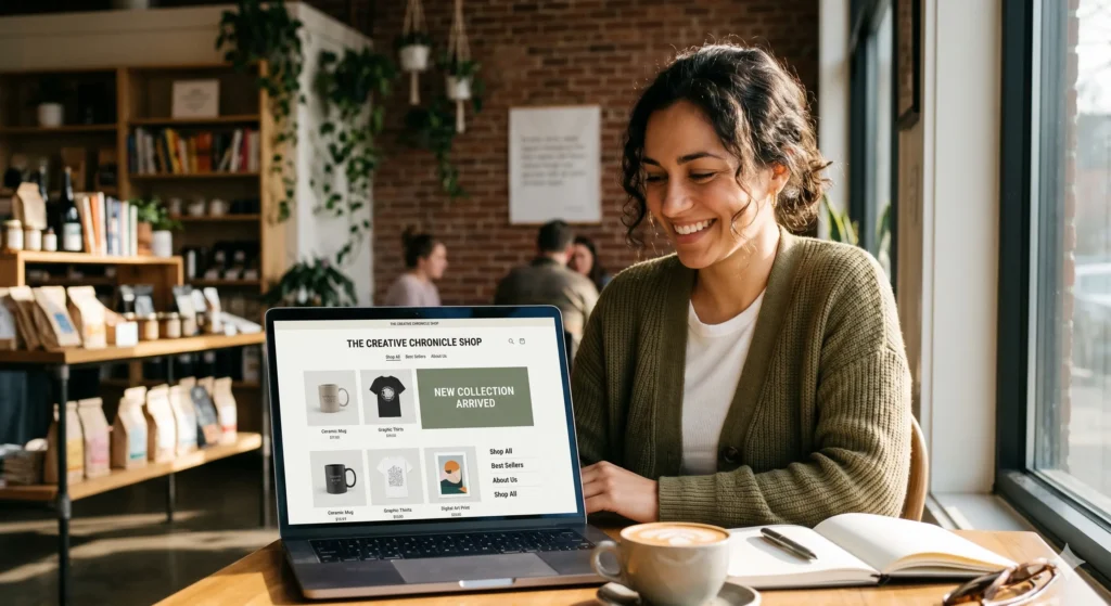 A content creator smiling at her laptop, reviewing her digital product storefront setup at a café — the relief of having the right platform in place.