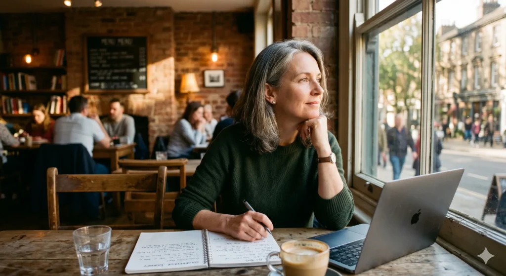 A solopreneur in their 50s at a café table, reflecting quietly with notebook and laptop — the thoughtful, unglamorous middle stretch of building something new.