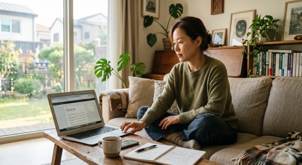 A creator working on multiple passive income streams from a home couch, laptop open with several projects in progress — the unhurried pace of building something that compounds.