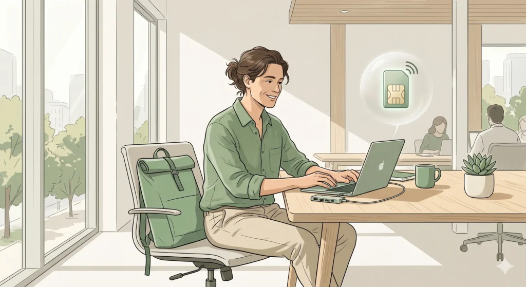 A digital nomad working at a co-working space with a compact laptop, USB hub, and backpack — a realistic depiction of an everyday nomad setup.
