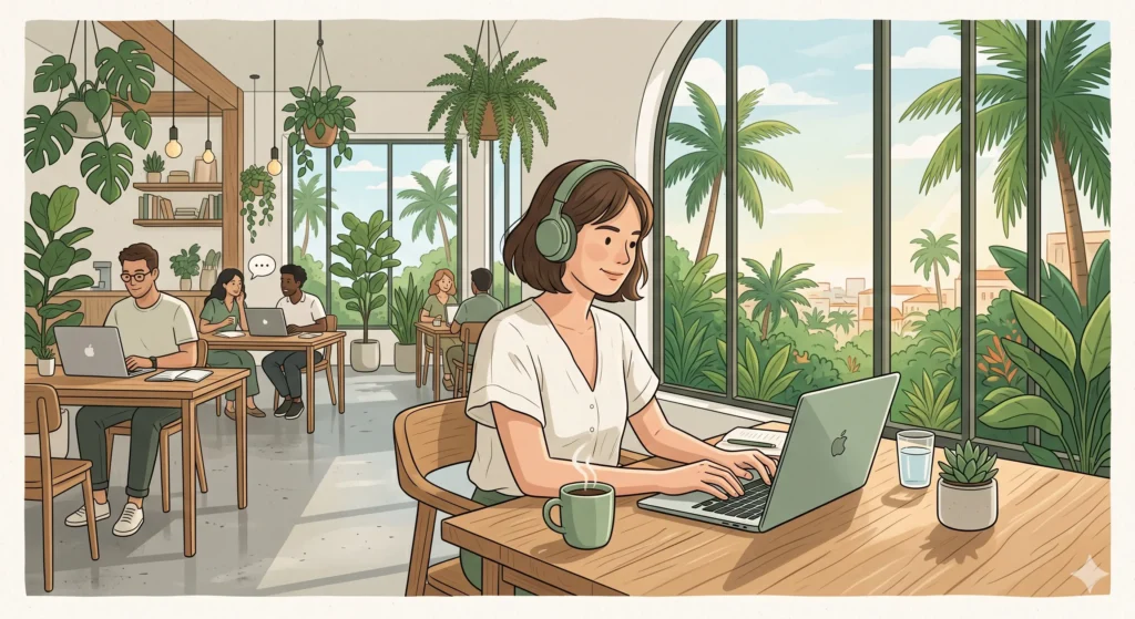 A digital nomad working at a tropical co-working space with natural light and other remote workers in the background — a typical scene in Southeast Asia or Latin America nomad hubs.