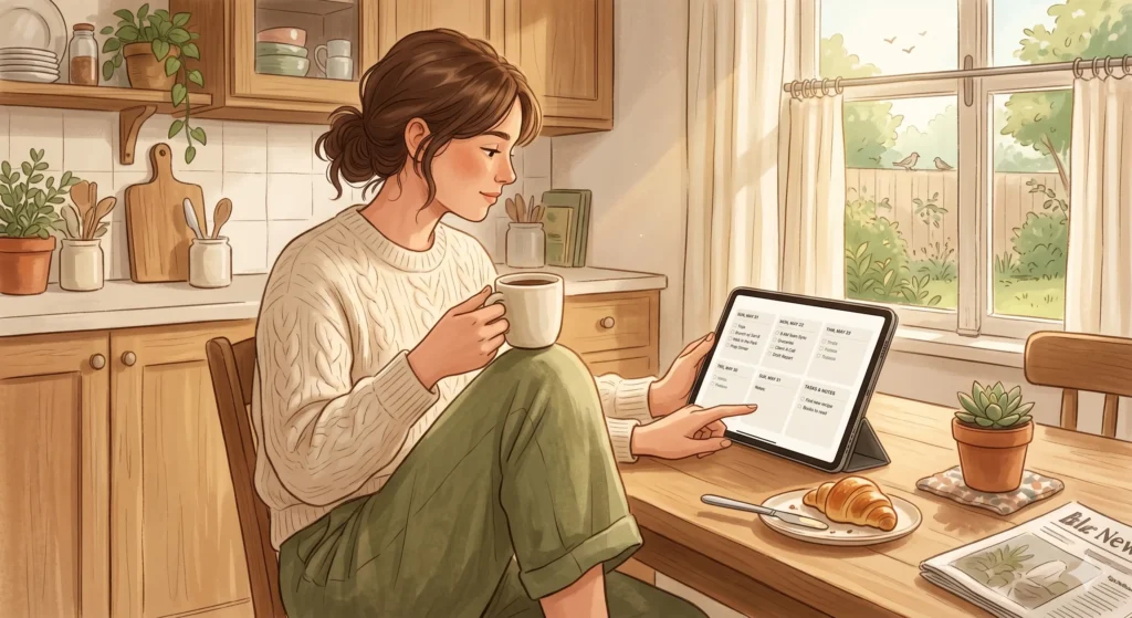 A solopreneur doing a Sunday weekly planning ritual with a tablet showing a Notion-style task overview, coffee in hand, in warm morning light.