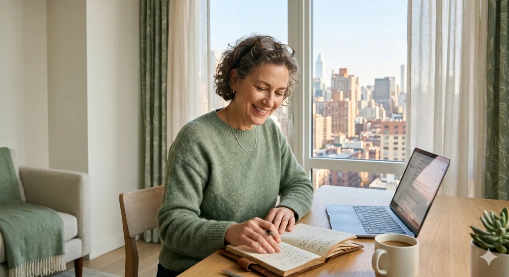 A person in their 50s reviewing notes and a laptop at a bright apartment desk with a city view — planning a calm transition to remote work life.