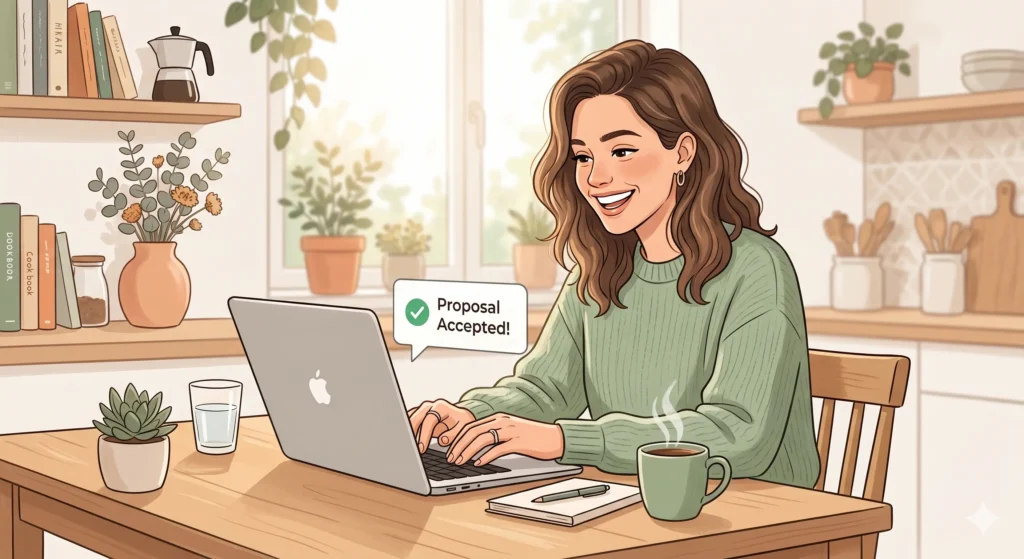 A person smiling at a laptop in a bright kitchen after their first remote work proposal gets accepted — starting fresh with confidence.
