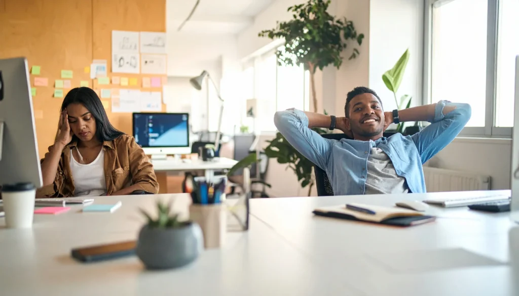 Two colleagues at adjacent desks — one overwhelmed, one relaxed — the difference AI productivity tools make on a regular workday