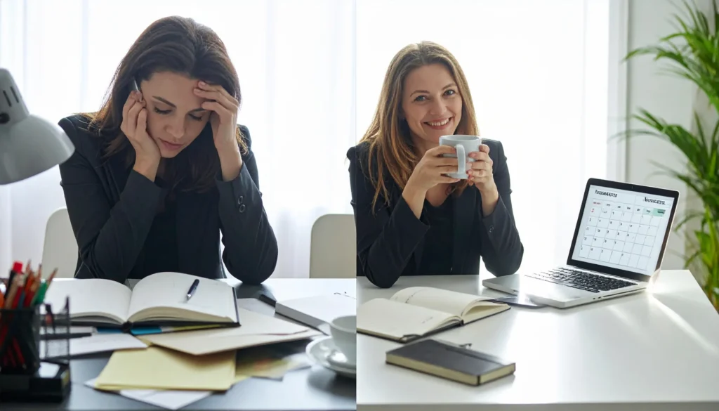 A split-screen of the same woman exhausted late at night versus relaxed on a bright Monday morning — AI weekly planning transforms how your week starts.
