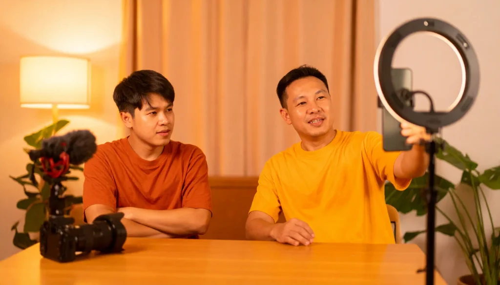 Two people side by side — one waiting for expensive gear, one already recording with a smartphone. Starting a YouTube channel with no budget is a mindset, not a money problem.