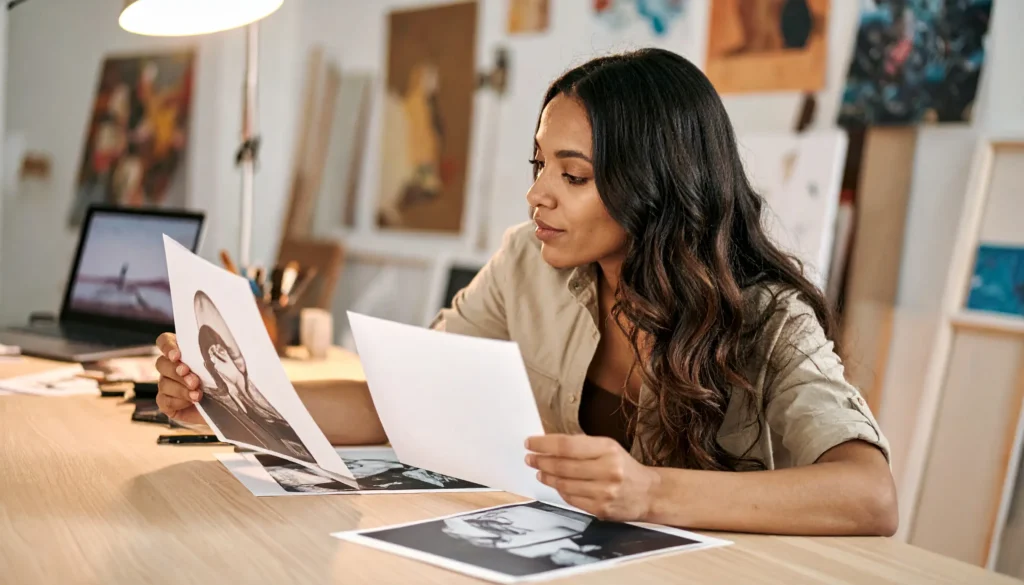 A woman examining three printed photographs laid out on a creative desk — evaluating the best AI image generators for her workflow in 2026.