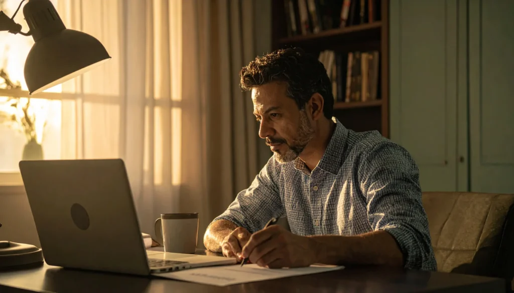 A focused blogger at his home office desk reviewing his AdSense approval checklist — the prepared confidence of someone ready to get approved.