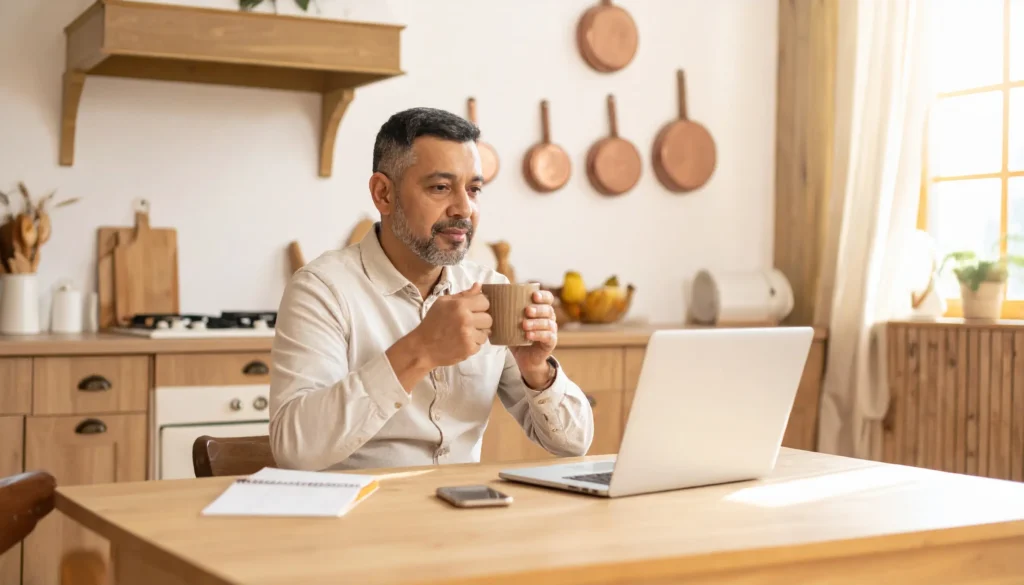 A solopreneur reviewing his AI morning routine setup over coffee before starting his workday.