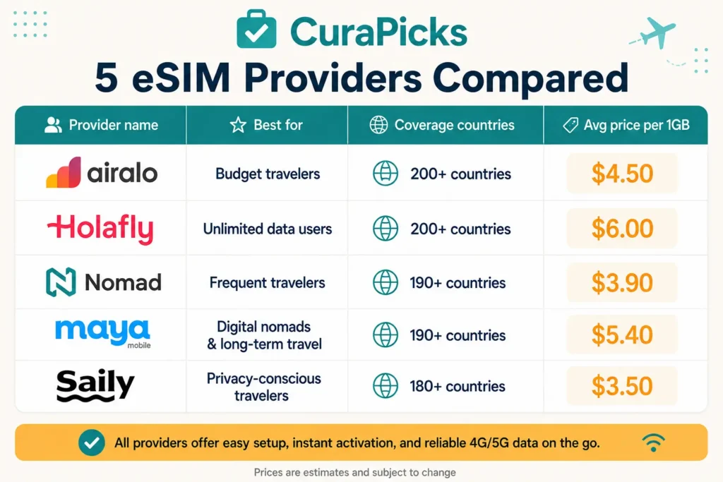 Comparison table infographic of five eSIM providers — Airalo, Holafly, Nomad, Maya Mobile, and Saily — showing coverage and pricing.