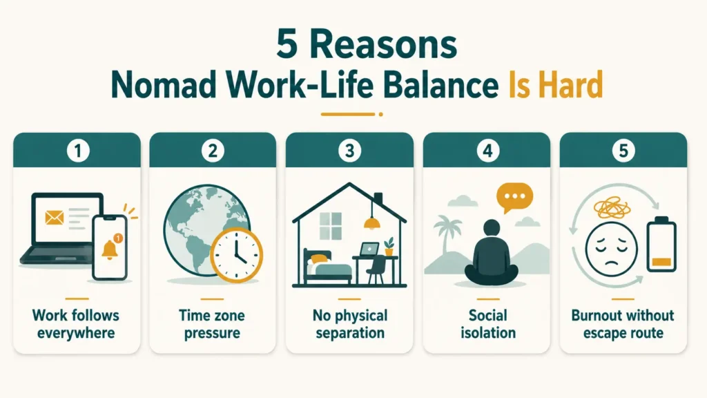 Infographic showing five key reasons nomad work-life balance breaks down: work follows everywhere, time zone pressure, no physical separation, social isolation, and burnout without escape.