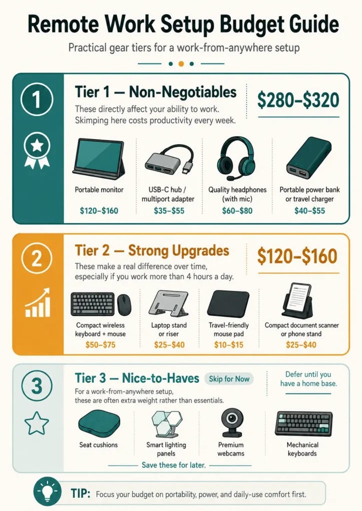 A three-tier budget infographic for a work-from-anywhere setup, showing gear categories from non-negotiables to nice-to-haves with dollar ranges.