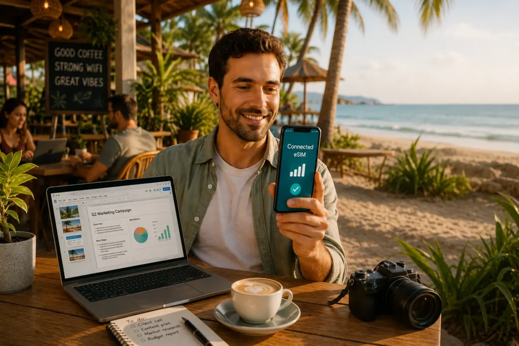 A remote worker at a tropical outdoor café, phone showing eSIM connection across multiple countries while working from anywhere.