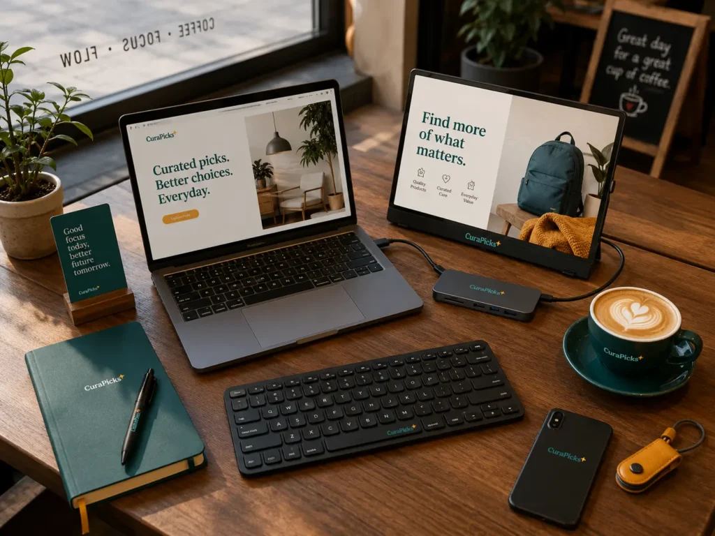A bird's-eye view illustration of a compact remote work desk setup with a portable monitor, keyboard, and USB hub — a realistic work-from-anywhere arrangement.